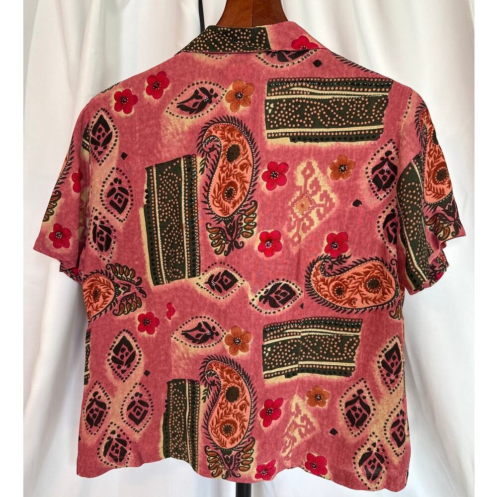 Vintage 90s Patchwork Rayon Camp Collar Blouse Boho Grandmacore Petite S - Picture 2 of 8